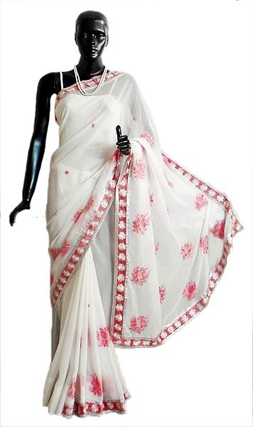Crush Fancy White Georgette Saree with Zari Border and Rose Pink Embroidery