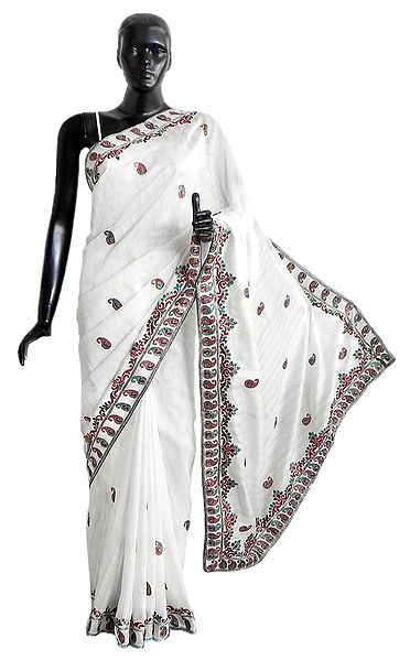 White Ghicha Silk Saree with Embroidery