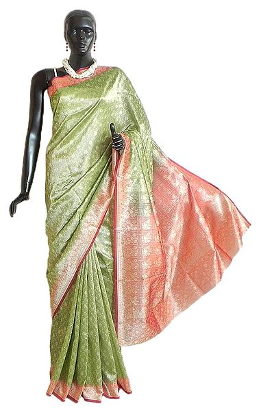 Lime Green with Light Burgundy Art Silk Saree with Woven Floral Design All-Over 