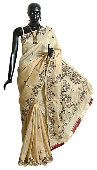 Hand Embroidered Tussar Saree with Border and Anchal