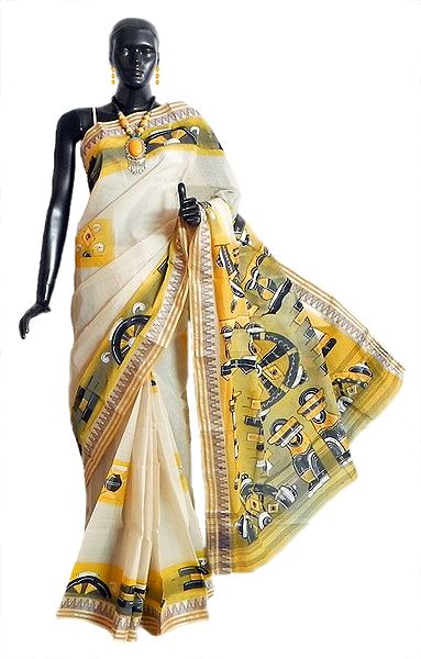 Hand Painted Off-White Tangail Saree with Border and Pallu
