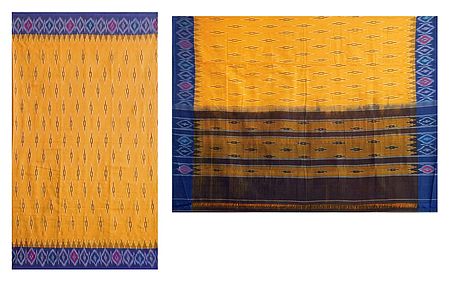 Ikkat Design on Yellow Cotton Saree with Blue Border and Pallu