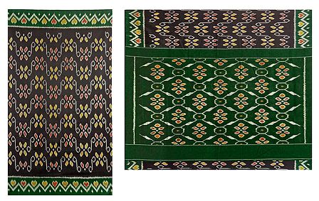 Ikkat Design on Black Cotton Saree with Green Border and Pallu