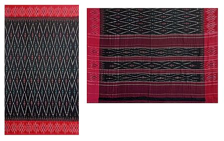 Ikkat Design on Black Cotton Saree with Red Border and Pallu