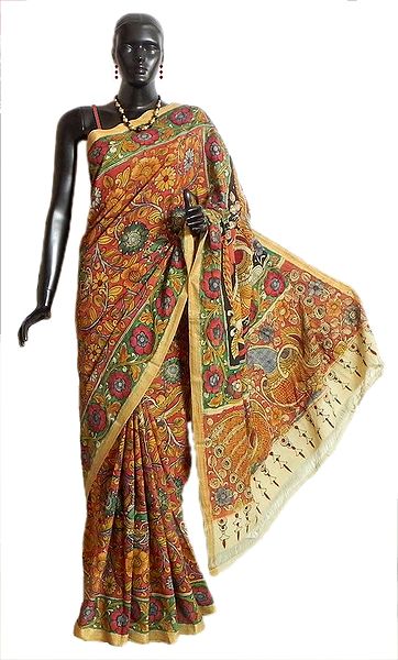 Hand Painted Kalamkari Floral Design All-Over on South Cotton Saree with Peacock Design on Pallu