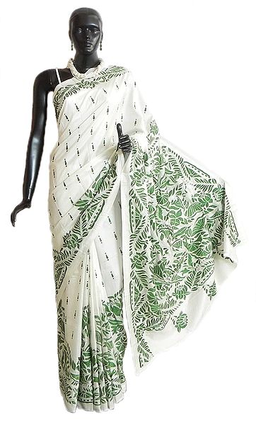 Kantha Stitch on White Pure Silk Saree with Gorgeous Border and Pallu