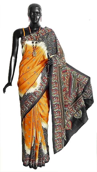 Kantha Stitch on Yellow Pure Silk Saree with Gorgeous Black Border and Pallu