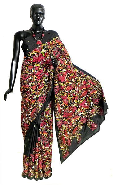 Black Art Silk Saree with Gorgeous Kantha Stitch Embroidery All Over 