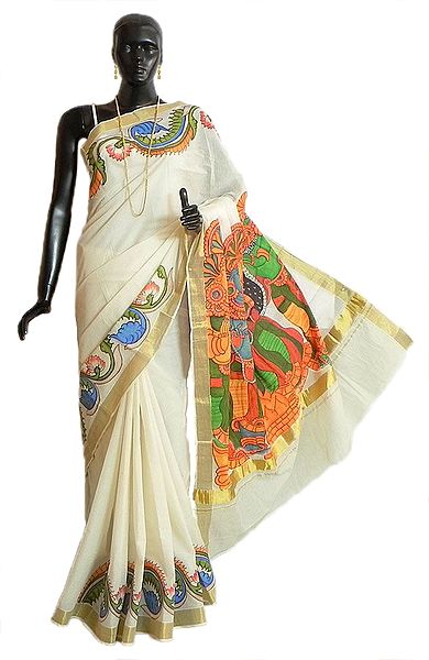 Off-White Kasavu Saree with Golden Zari Border and Hand Painted Temple Murals on Pallu