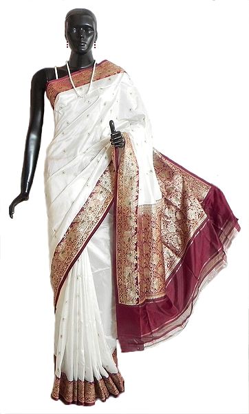 Banarasi White Koriyal Katan Silk Saree with All-Over Zari Boota, Maroon Border and Gorgeous Pallu