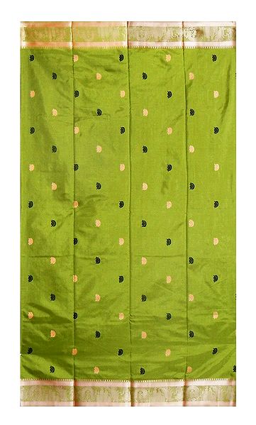 Olive Green Katan Saree with Peach and Black Weaved Design