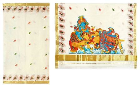 Hand Painted Radha Krishna and Peacock Feather on Off-White Kasavu Saree with Golden Zari Border and Pallu