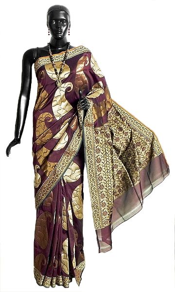 Gorgeous Golden Paisley Design All-Over on Maroon Banarasi Kora Silk Saree with Border and Pallu