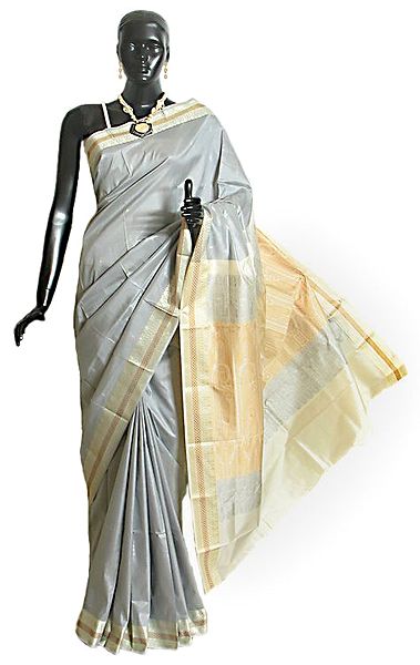 Light Grey South Silk Saree with White and Beige Weaved Border and Pallu