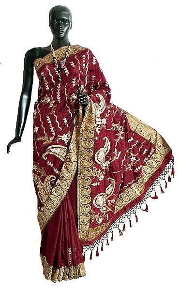 Maroon Dupion Silk Saree with All-Over Sequin And Zari Embroidery