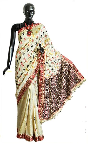Light Cream Assam Moonga Silk Saree with Red,Black and Yellow Designer All-Over Boota with Border and Pallu