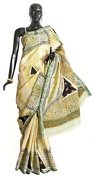 Off White Bengal Handloom Saree with Black Applique and Green Block Print