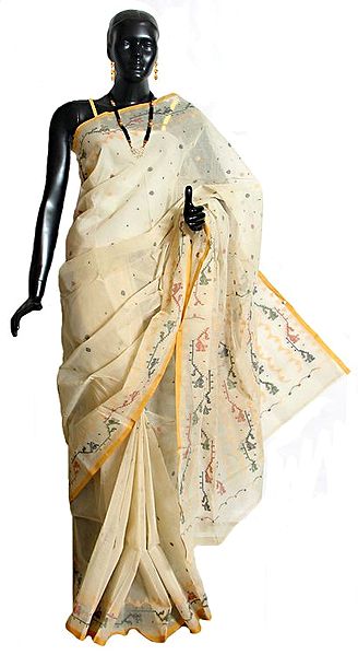 Off White Tangail Saree with Woven Border, Pallu and Boota All-Over