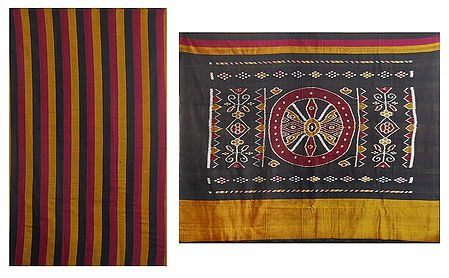 Maroon, Black and Yellow Stripe All Over in Orissa Cotton Sari with Ikat Pallu