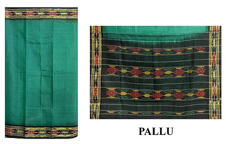 Dark Cyan Handwoven Sambalpuri  Sari with Ikkat Design Border and Pallu