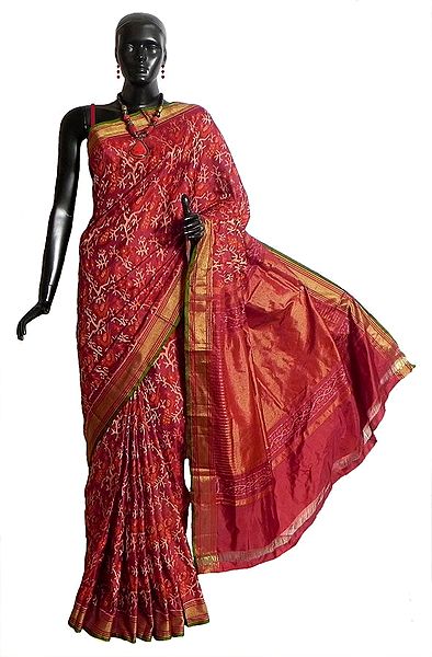 Maroon with Red Patola Silk Saree with All-Over Weaved Design from Gujrat 