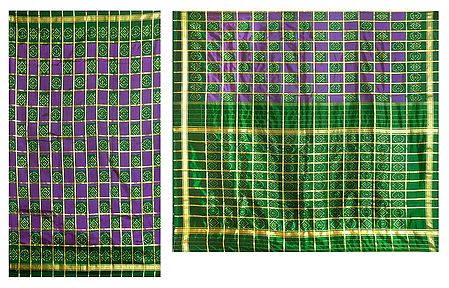 Ikkat Design on Green and Purple Silk Saree with Border and Pallu