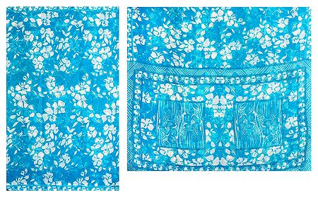 Cyan Blue Chiffon Sari with White Floral Print