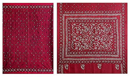 Kantha Stitch on Red Pure Silk Saree with Gorgeous Border and Pallu