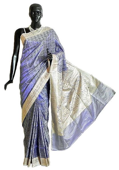 Purple Pashmina Silk Saree with All-Over Design from Banaras with Brocade Border and Pallu
