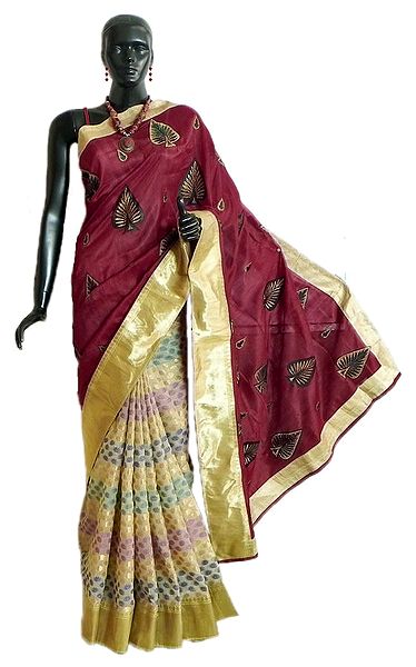 Red Embroidered Ghicha Silk Saree with Multicolor Weaved Design and Plain Golden Border 