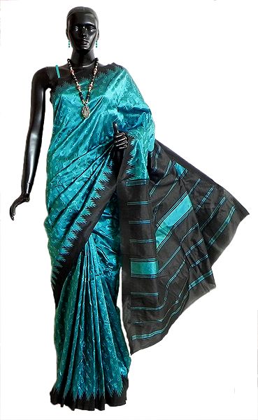 Small Paisley Woven Self Design on Cyan South Art Silk Saree with Black Temple Border and Pallu