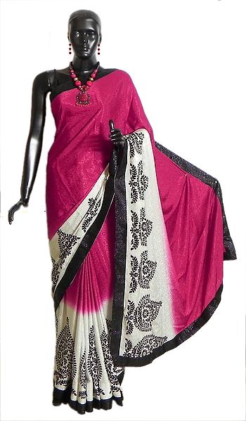 Self Design Kumkum Red Pink Satin Silk Saree with Black and White Printed Border Border and Pallu