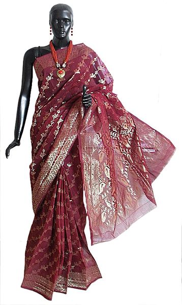 Maroon Bengal Cotton Tangail Saree with Woven Golden Zari Thread Dhakai Jamdani Design All-Over