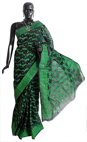 Black Bengal Cotton Tangail Saree with Woven Green Thread Dhakai Jamdani Design All-Over
