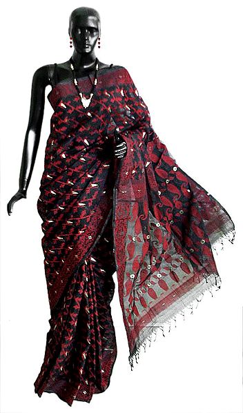Black Bengal Cotton Tangail Saree with Woven Red and Golden Zari Dhakai Jamdani Design All-Over