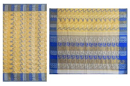 Weaved Design on Yellow Cotton Tangail Saree with Blue Border