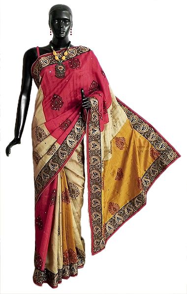Yellow, Red and Beige Combination Tussar Silk Saree with Hand Painted Motifs All-Over and Zari Embrioidery on Border and Pallu