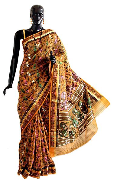 Weaved Multicolor Design All-Over on Yellow Dhakai Saree with Border and Pallu