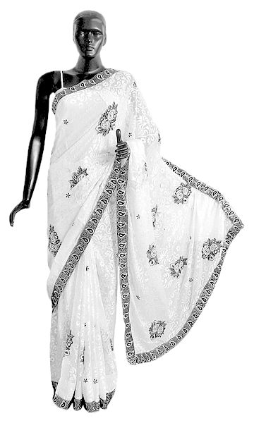 Embroidered White Georgette Brasso Saree with Black Border and Pallu 