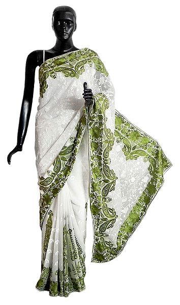 Parsi Embroidered White Georgette Brasso Saree with Green Border and Pallu 