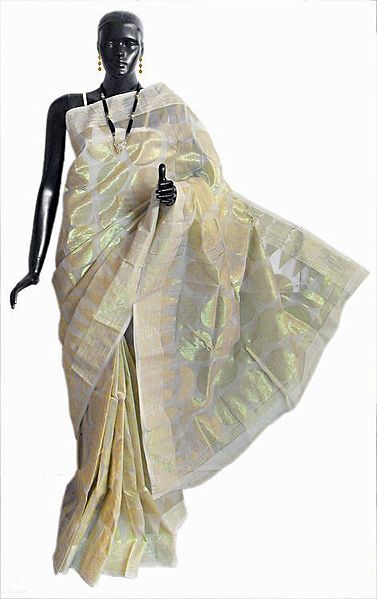 White Dhakai Jamdani Saree from Kolkata with All-Over Circle Design in Golden Zari Thread
