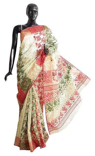 Red, Green and Zari Weaved Design All-Over on Beige Cotton Dhakai Saree with Border and Pallu