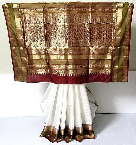 White South Silk Saree with Maroon, Olive Green and Golden Zari Work Border and Pallu