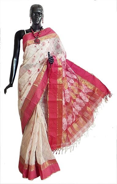 Red Weaved Design on White Cotton Tangail Saree with Red and Golden Zari Border and Pallu