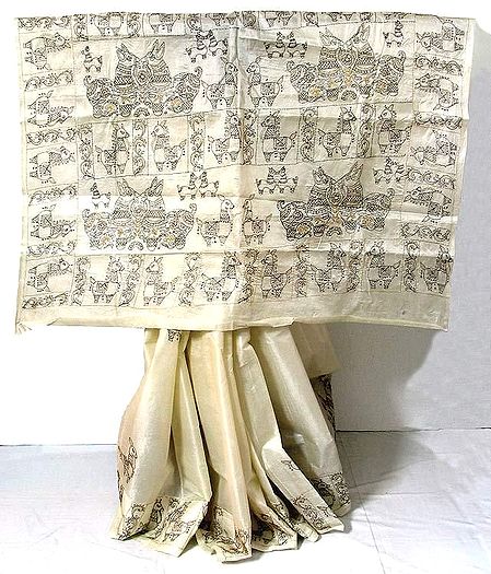 White Tussar Silk Saree with Kantha Stitch Embroidery
