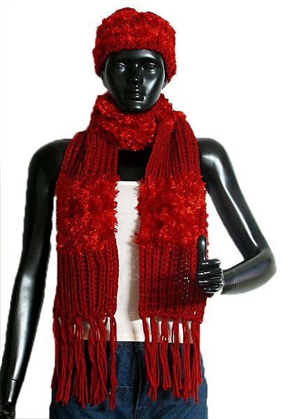 Red Hand Knitted Cap and Scarf
