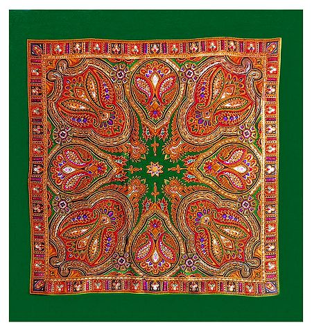 Colorful Paisley Print on Green Light Woolen Head Scarf