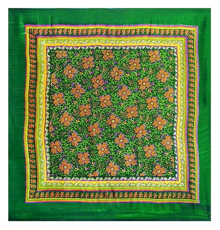 Colorful Floral Print on Green Light Woolen Head Scarf