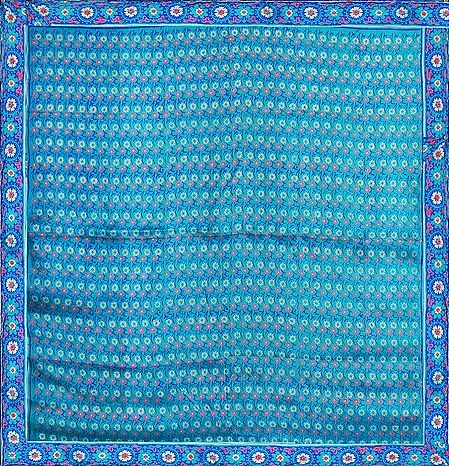 White,Blue with Saffron Print on Cyan Blue Pure Silk Head Scarf