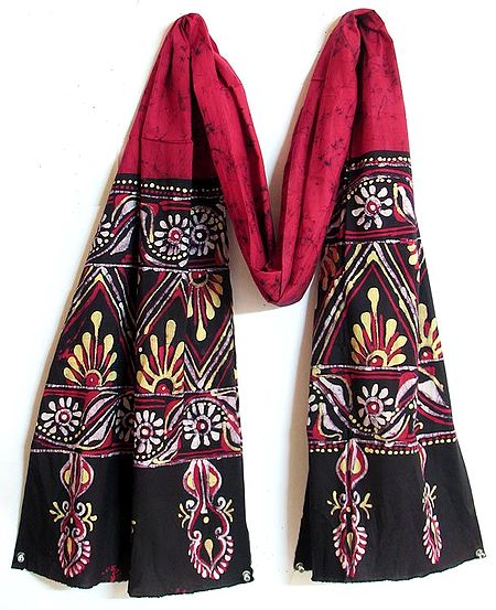 Dark Red with Black Border Batik Stole with Indian Art Motif